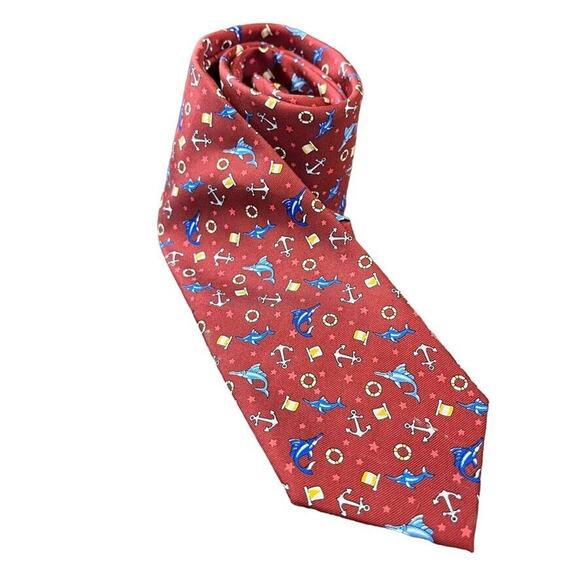 Jos A Bank Joseph 1905 Red Nautical Blue Marlin Mens 100% Silk Necktie Neck Tie - Picture 1 of 16